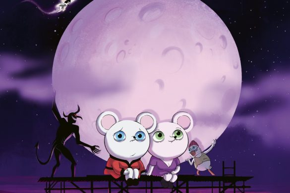 Affiche officielle de Decorado d'Alberto Vazquez : deux souris assises sur un echafaudage devant une immense lune violette
