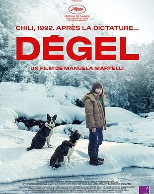 Affiche officielle du film Dégel de Manuela Martelli, une fillette et deux chiens dans un paysage enneigé, mention Chili 1992