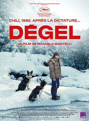 Affiche officielle du film Dégel de Manuela Martelli, une fillette et deux chiens dans un paysage enneigé, mention Chili 1992