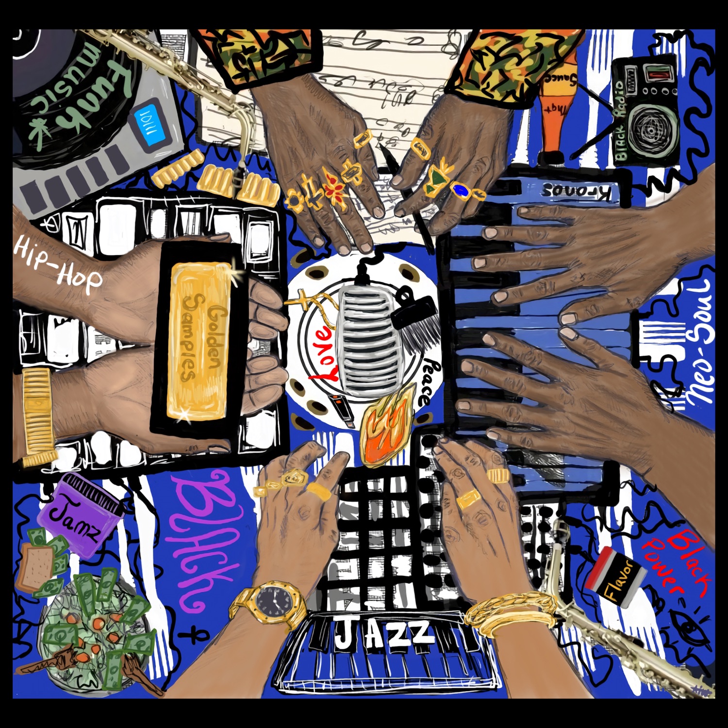 Pochette de l'album Watchu Bringing? de Dinner Party, illustration signee Amani Washington