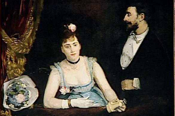 Une loge aux Italiens, tableau d'Eva Gonzalès : une femme en robe bleue dans une loge de théâtre, un bouquet posé devant elle
