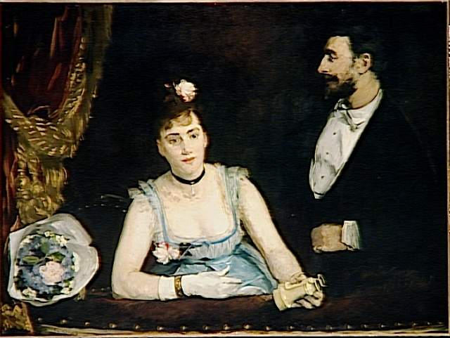 Une loge aux Italiens, tableau d'Eva Gonzalès : une femme en robe bleue dans une loge de théâtre, un bouquet posé devant elle