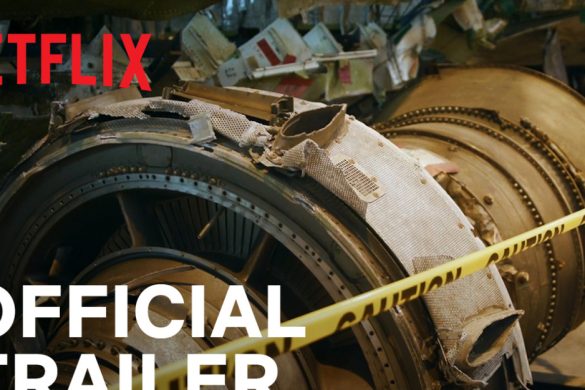 Débris d'un moteur d'avion Boeing accidenté sous ruban de sécurité, visuel officiel du documentaire Netflix Freefall