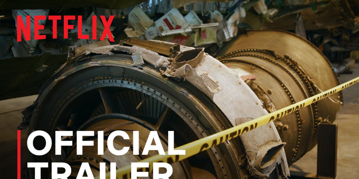 Débris d'un moteur d'avion Boeing accidenté sous ruban de sécurité, visuel officiel du documentaire Netflix Freefall