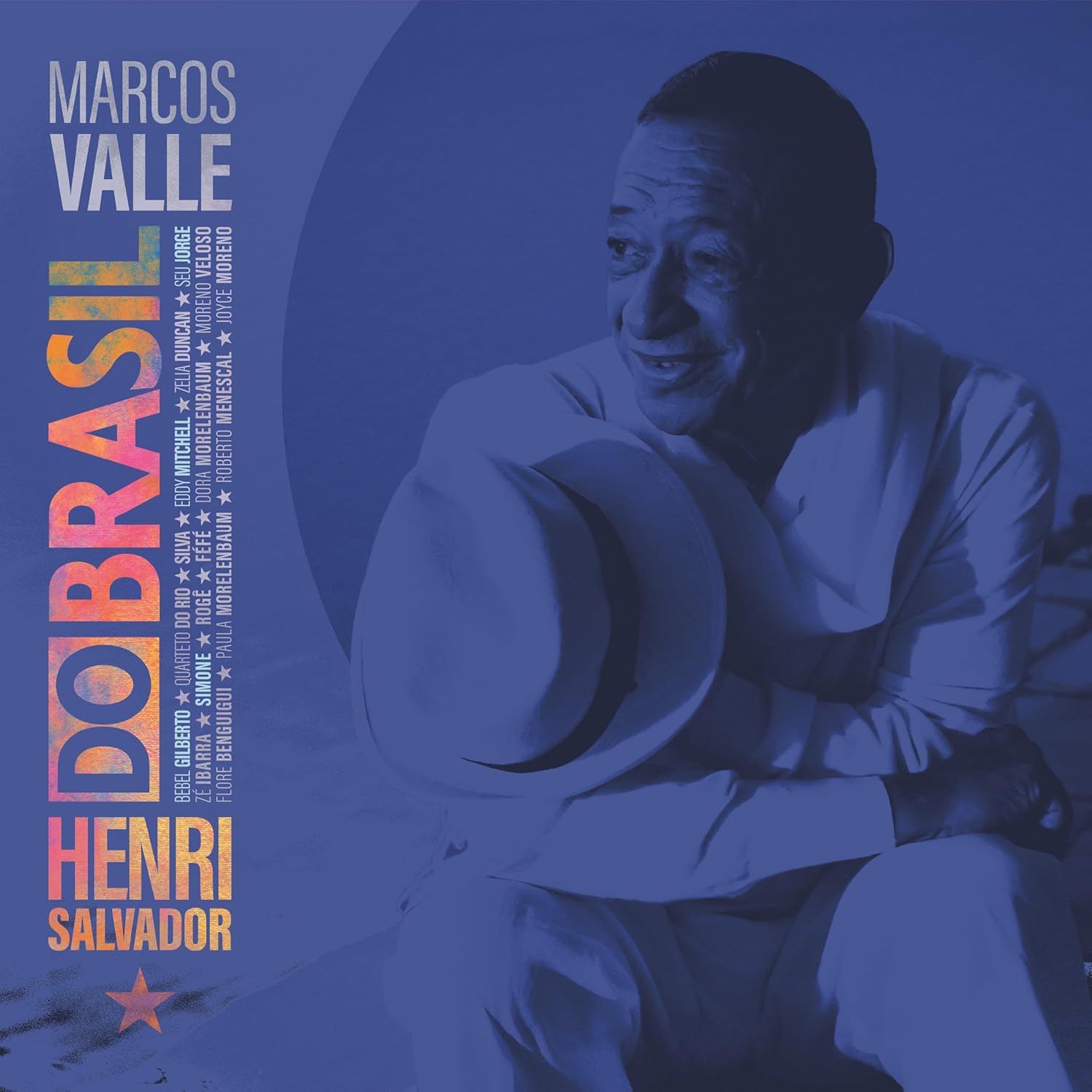 Pochette de l'album Henri Salvador do Brasil, portrait d'Henri Salvador chapeau a la main sur fond bleu, direction musicale Marcos Valle
