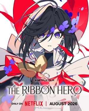 Affiche officielle du film Netflix L'Héroïne au ruban (The Ribbon Hero), la princesse Saphir entourée de rubans rouges