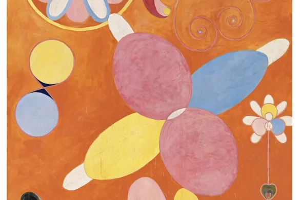 Peinture abstraite d'Hilma af Klint, série Les Dix plus grandes, formes florales et spirales pastel sur fond orange