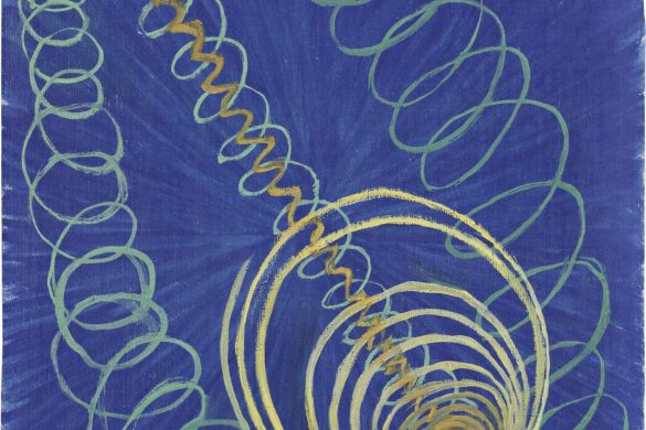 Peinture abstraite d'Hilma af Klint, spirales vertes et dorées sur fond bleu, série des Peintures du Temple exposée au Grand Palais