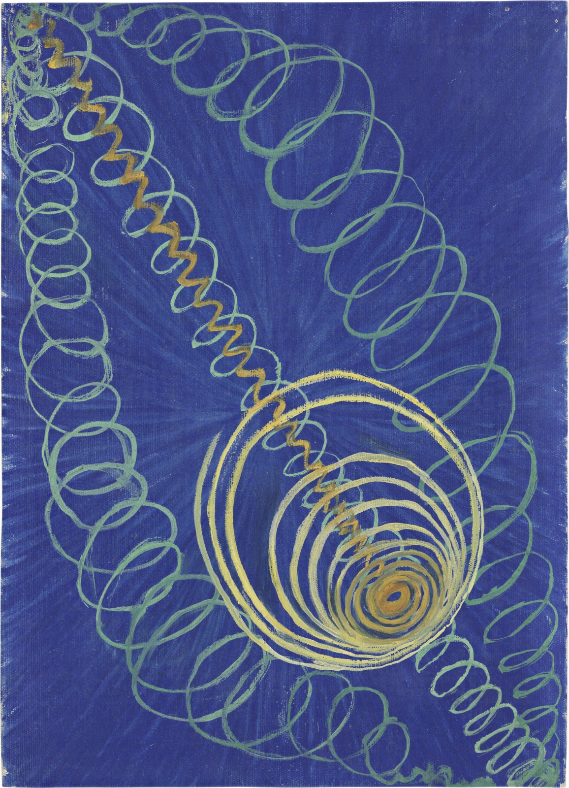Peinture abstraite d'Hilma af Klint, spirales vertes et dorées sur fond bleu, série des Peintures du Temple exposée au Grand Palais