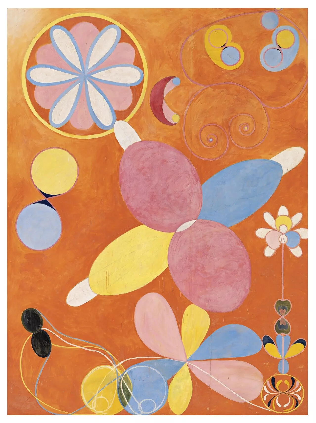 Peinture abstraite d'Hilma af Klint, série Les Dix plus grandes, formes florales et spirales pastel sur fond orange