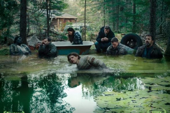 Affiche officielle du film Jour de chasse d'Annick Blanc : un groupe d'hommes et une femme dans une mare en forêt, un chalet isolé en arrière-plan