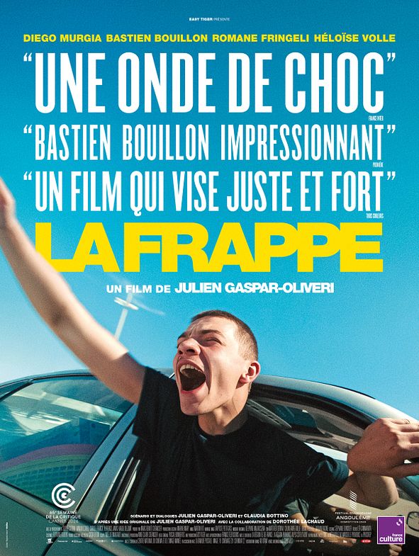 Affiche officielle du film La Frappe de Julien Gaspar-Oliveri, avec Diego Murgia hurlant à la portière d'une voiture