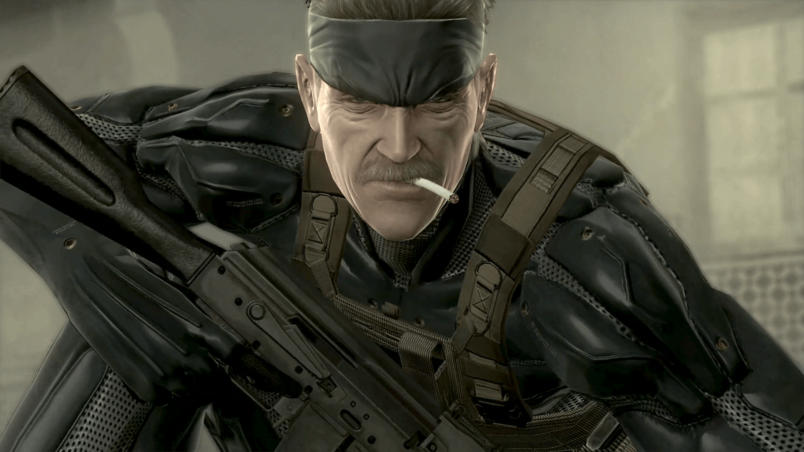 Solid Snake vieilli, bandeau sur l'oeil et cigarette au bec, dans Metal Gear Solid 4