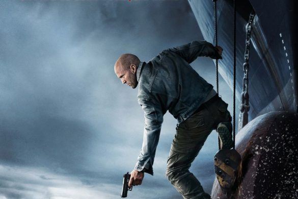 Affiche officielle du film Mutiny de Jean-François Richet avec Jason Statham accroché à la coque d'un porte-conteneurs