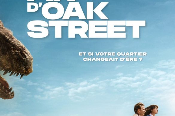 Affiche de La Fin d'Oak Street avec Anne Hathaway et Ewan McGregor fuyant un dinosaure