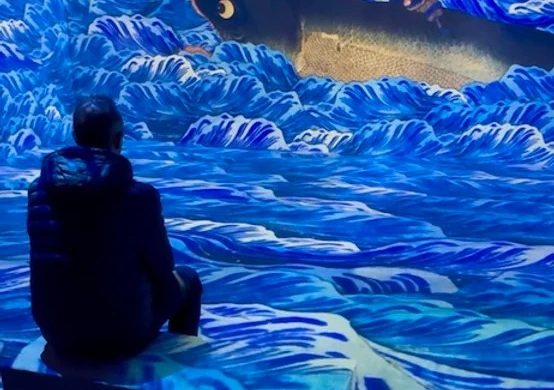 Visiteur assis devant une projection de vagues et d'une carpe géante à l'exposition immersive Passion Japon à la Villette