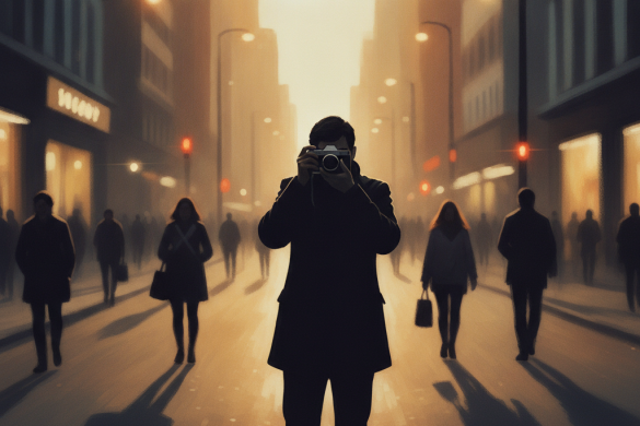 Un photographe de rue capture un instant dans une ville animée au coucher du soleil