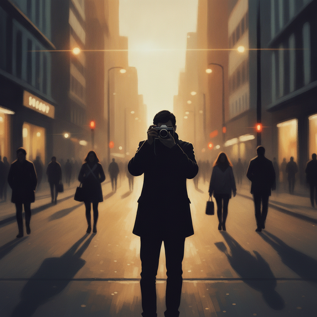 Un photographe de rue capture un instant dans une ville animée au coucher du soleil