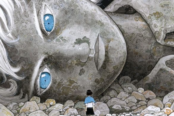 Illustration de la BD Terre ou Lune de Jade Khoo : un enfant minuscule face à un immense visage de pierre aux yeux bleus, dans un décor de rochers