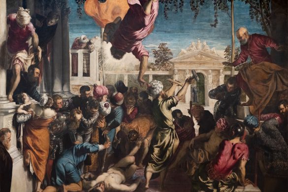 Le Miracle de l'esclave du Tintoret : saint Marc descend du ciel, tête la première, pour sauver un condamné devant une foule vénitienne.