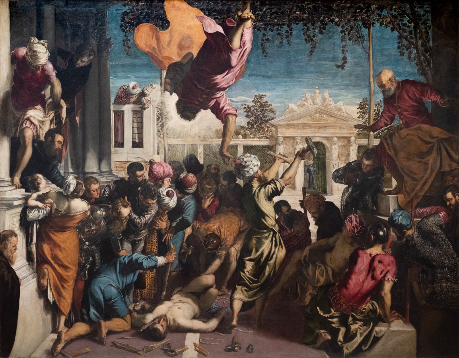Le Miracle de l'esclave du Tintoret : saint Marc descend du ciel, tête la première, pour sauver un condamné devant une foule vénitienne.