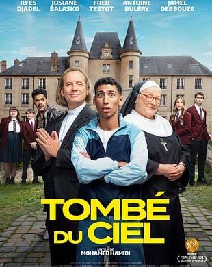 Affiche du film Tombé du ciel de Mohamed Hamidi, avec Ilyes Djadel, Josiane Balasko, Fred Testot, Antoine Duléry et Jamel Debbouze