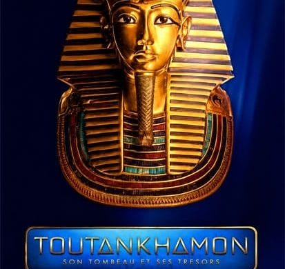 Affiche officielle de l'exposition Toutankhamon, son tombeau et ses tresors, avec le masque funeraire dore du pharaon, Paris Expo Porte de Versailles, du 3 juillet au 6 septembre 2026