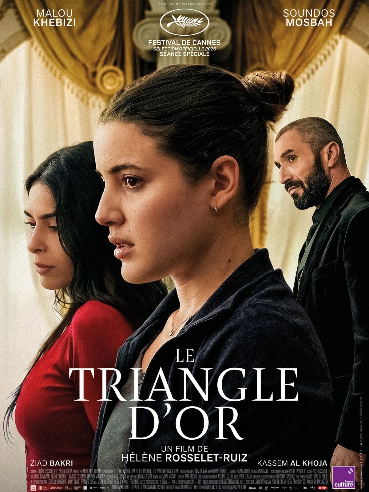 Affiche du film Le Triangle d'or d'Hélène Rosselet-Ruiz, avec Malou Khebizi, Soundos Mosbah et Ziad Bakri