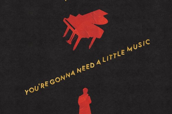 Pochette de l'album You're Gonna Need a Little Music de Yard Act : un piano rouge tombant vers une silhouette, sur fond noir