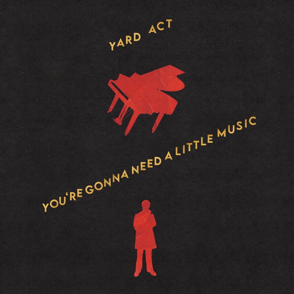 Pochette de l'album You're Gonna Need a Little Music de Yard Act : un piano rouge tombant vers une silhouette, sur fond noir