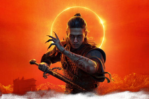 Coen, le heros de The Blood of Dawnwalker, epee et griffes de vampire devant une eclipse solaire