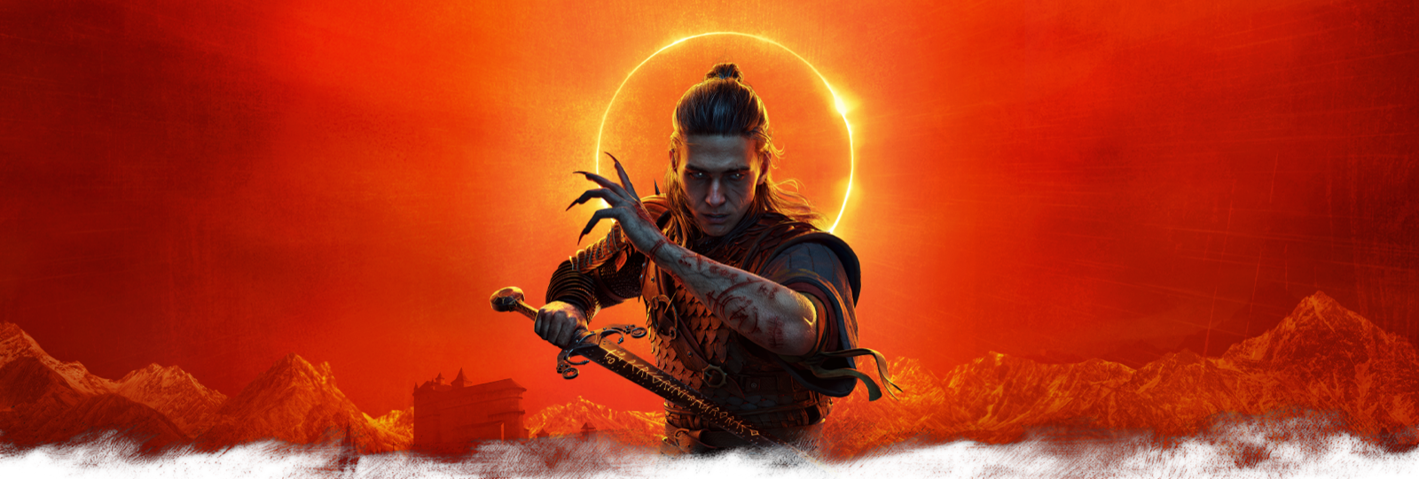 Coen, le heros de The Blood of Dawnwalker, epee et griffes de vampire devant une eclipse solaire
