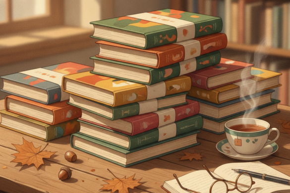 Pile de romans de la rentrée littéraire sur une table de librairie en automne