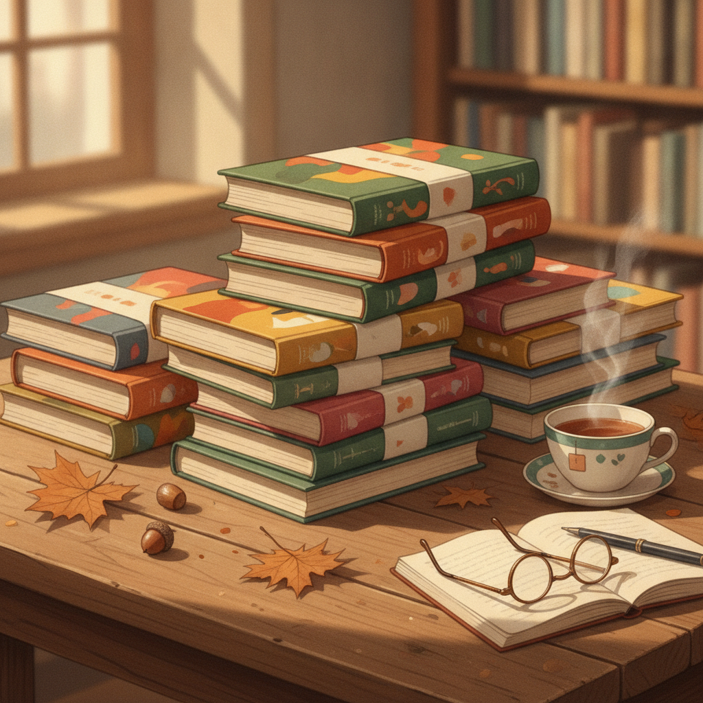 Pile de romans de la rentrée littéraire sur une table de librairie en automne