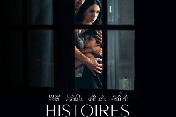 Affiche du film Histoires de la nuit de Léa Mysius : une famille apeurée serrée derrière une fenêtre dans la nuit