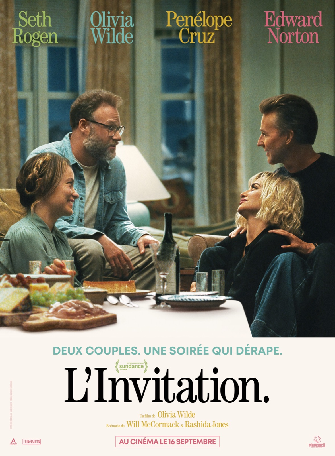 Affiche officielle du film L'Invitation d'Olivia Wilde : Seth Rogen, Olivia Wilde, Penélope Cruz et Edward Norton autour d'une table de dîner