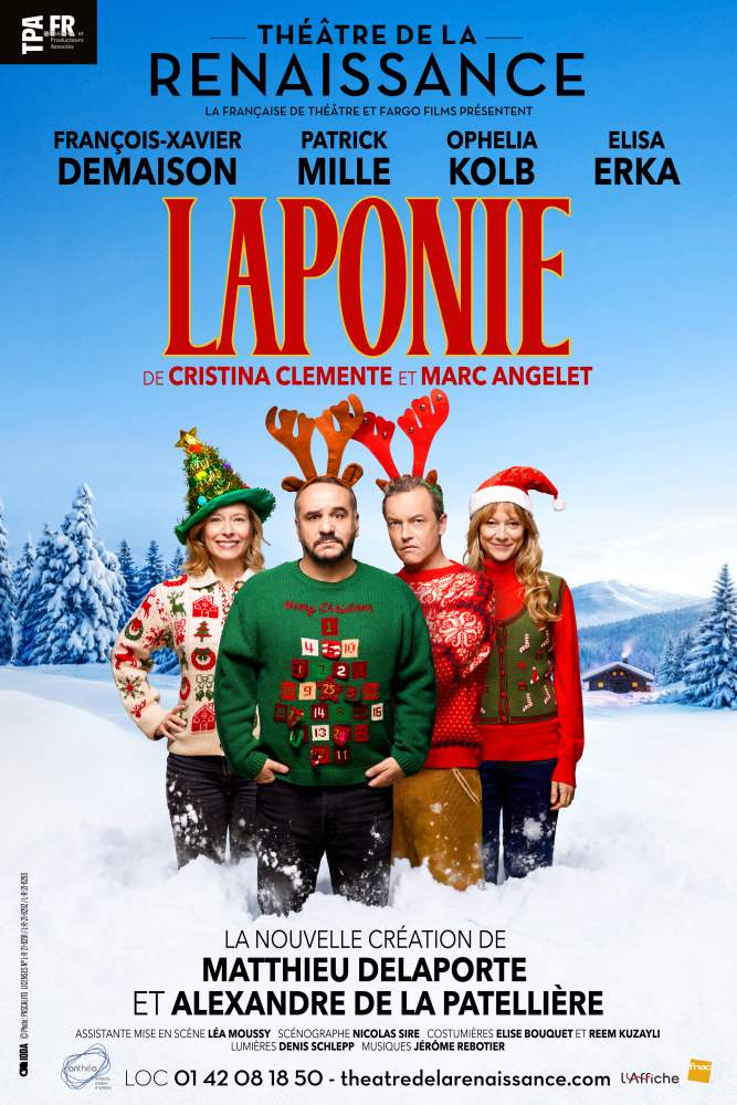 Affiche de la pièce Laponie au Théâtre de la Renaissance : les quatre comédiens en pulls de Noël dans un décor enneigé
