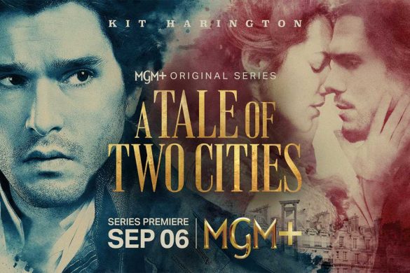 Key art de la série A Tale of Two Cities avec Kit Harington, titre doré sur fond bleu et rouge