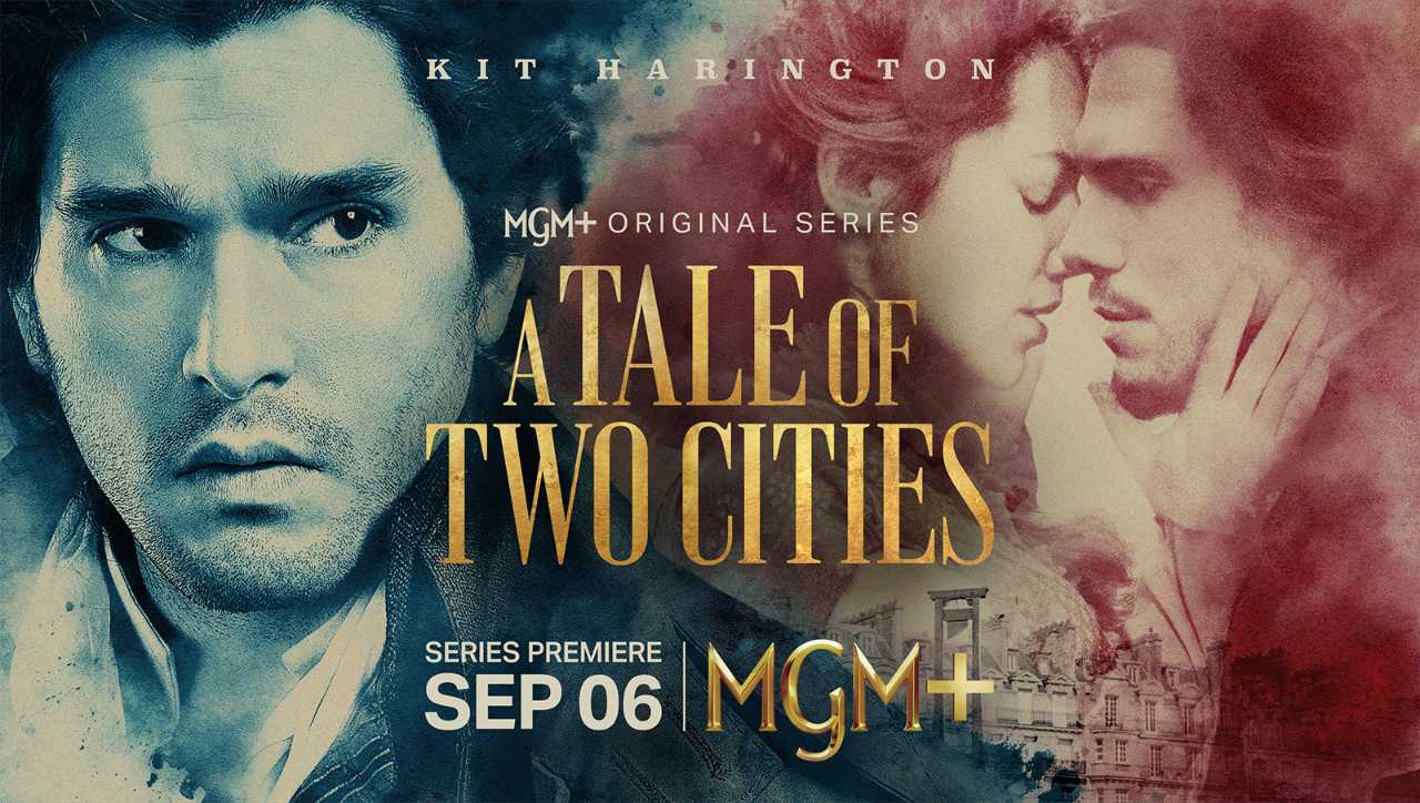 Key art de la série A Tale of Two Cities avec Kit Harington, titre doré sur fond bleu et rouge