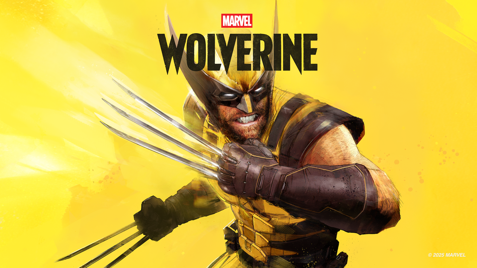 Illustration officielle du jeu Marvel's Wolverine : Logan, griffes sorties, sur fond jaune