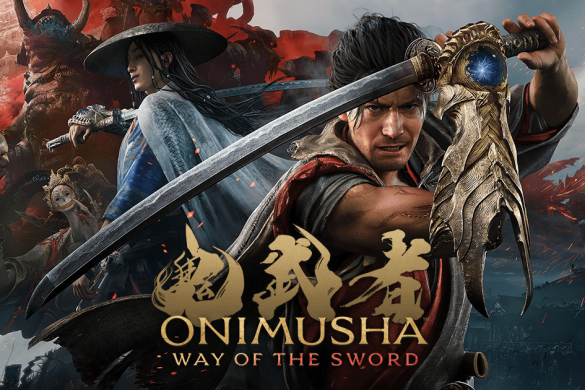 Key art officiel d'Onimusha: Way of the Sword, Miyamoto Musashi sabre et gant Oni au poing devant un Kyoto en flammes