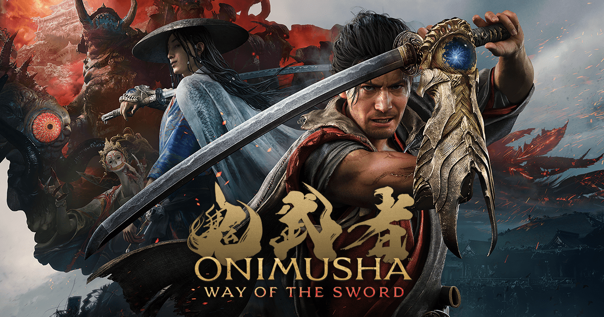 Key art officiel d'Onimusha: Way of the Sword, Miyamoto Musashi sabre et gant Oni au poing devant un Kyoto en flammes