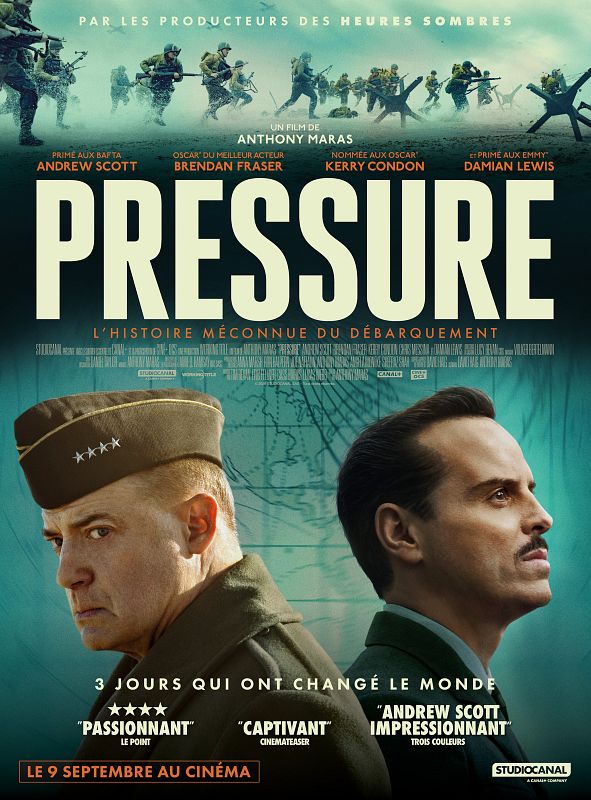 Affiche officielle du film Pressure d'Anthony Maras, avec Brendan Fraser en general Eisenhower et Andrew Scott en meteorologue James Stagg