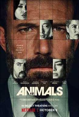 Affiche officielle du film Animals de Ben Affleck, visage de l'acteur et mosaïque du casting, sortie Netflix le 9 octobre