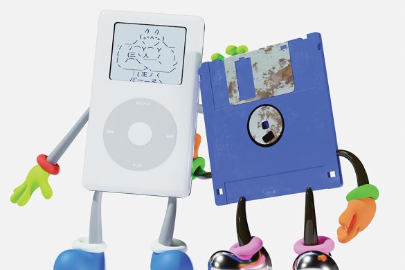 Pochette de l'album No Bad Memories de The Avalanches : un iPod et une disquette bleue avec des bras et des jambes