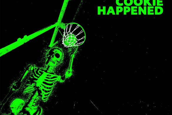 Pochette de l'album Cookie Happened d'Eels : un squelette vert fluo smashe un ballon de basket sur fond noir