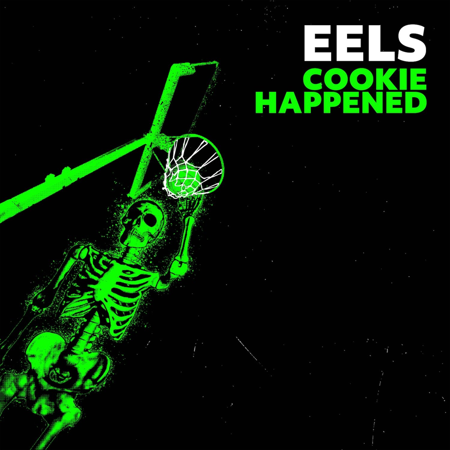 Pochette de l'album Cookie Happened d'Eels : un squelette vert fluo smashe un ballon de basket sur fond noir