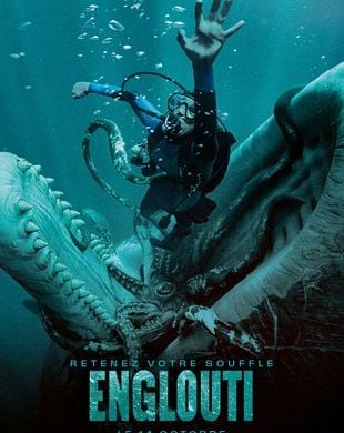 Affiche officielle du film Englouti : un plongeur face a la gueule d'un cachalot dans les profondeurs