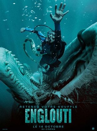 Affiche officielle du film Englouti : un plongeur face a la gueule d'un cachalot dans les profondeurs