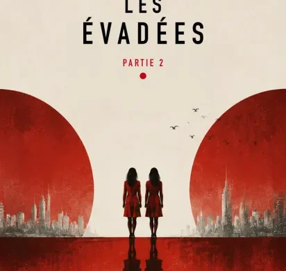 Couverture de Les Évadées - Partie 2 de Marc Levy, deux sœurs jumelles entre deux skylines rouges, éditions Robert Laffont